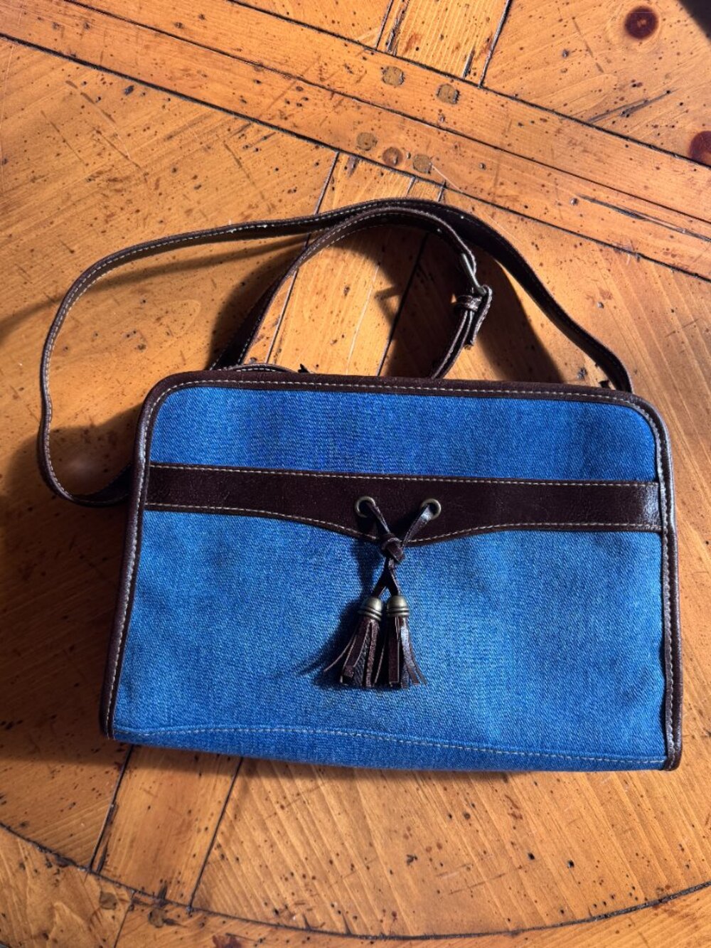 Avon Blue Denim Organizer Handbag with Brown Faux Leather Shoulder Strap #6